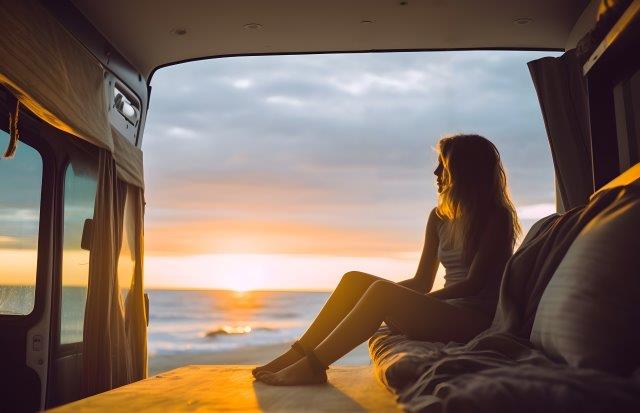 A woman sits in the back seat of an rv at sunset. RV Lifestyle Experts