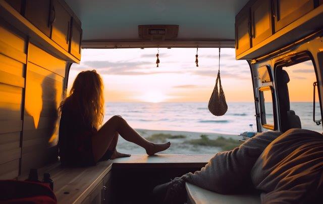 A woman looking out of the window of a van at sunset. Pismo Beach Camping. RV Lifestyle Experts