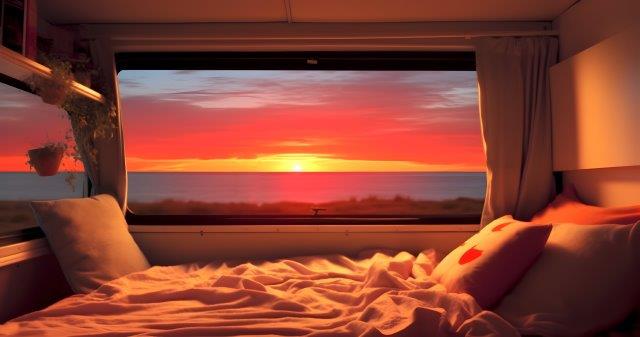 A bed in a rv with a view of the sunset. RV Lifestyle Experts