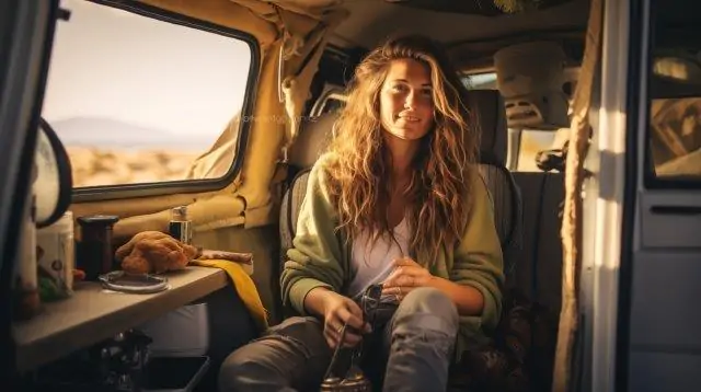 A young woman sitting in the back seat of a van. Keeping RV Cool. RV Lifestyle Experts