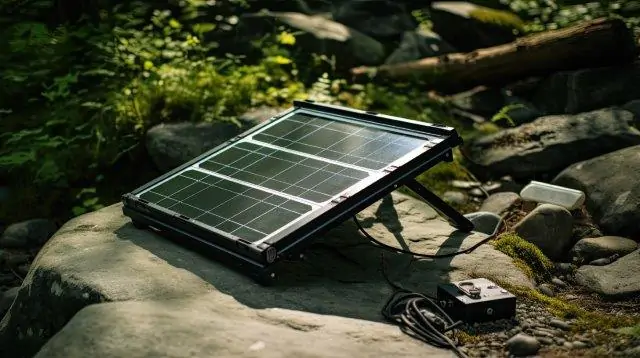 A solar panel sitting on a rock in the woods. RV Lifestyle Experts