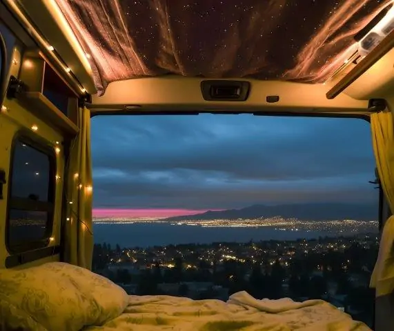 A view from the window of a camper van at dusk. RV Lifestyle Experts