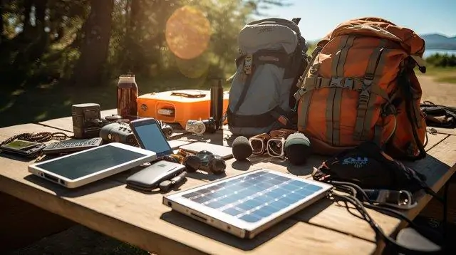 A table with a backpack, cell phone, and solar panel. RV Lifestyle Experts