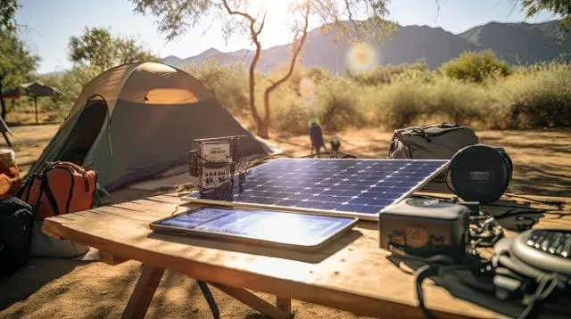 A solar panel on a table next to a tent. RV Lifestyle Experts