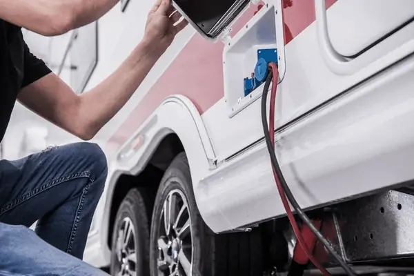 A person kneeling while connecting a charging cable to an electric vehicle, with focus on the side of the car and charger. RV Lifestyle Experts